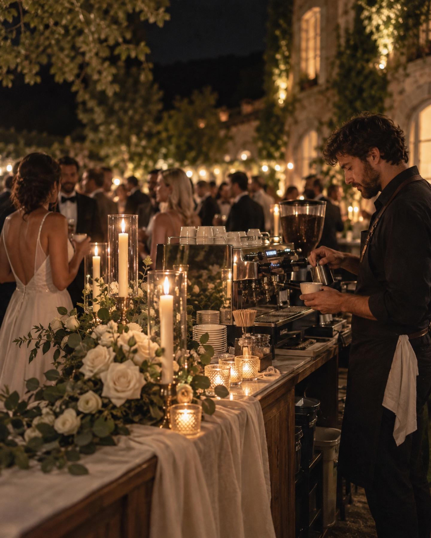 Estação de café em um casamento à noite, entre velas e flores brancas