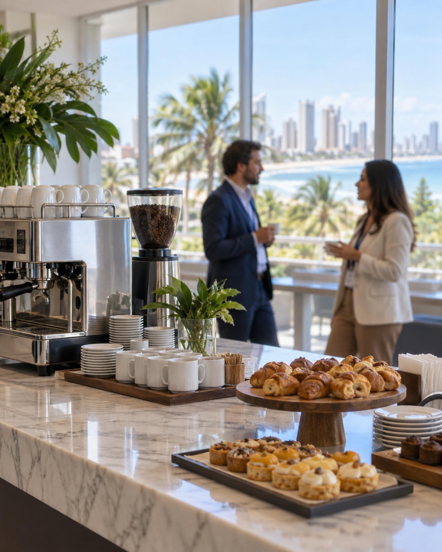 Coffee break corporativo com máquina de café expresso em uma sala clara