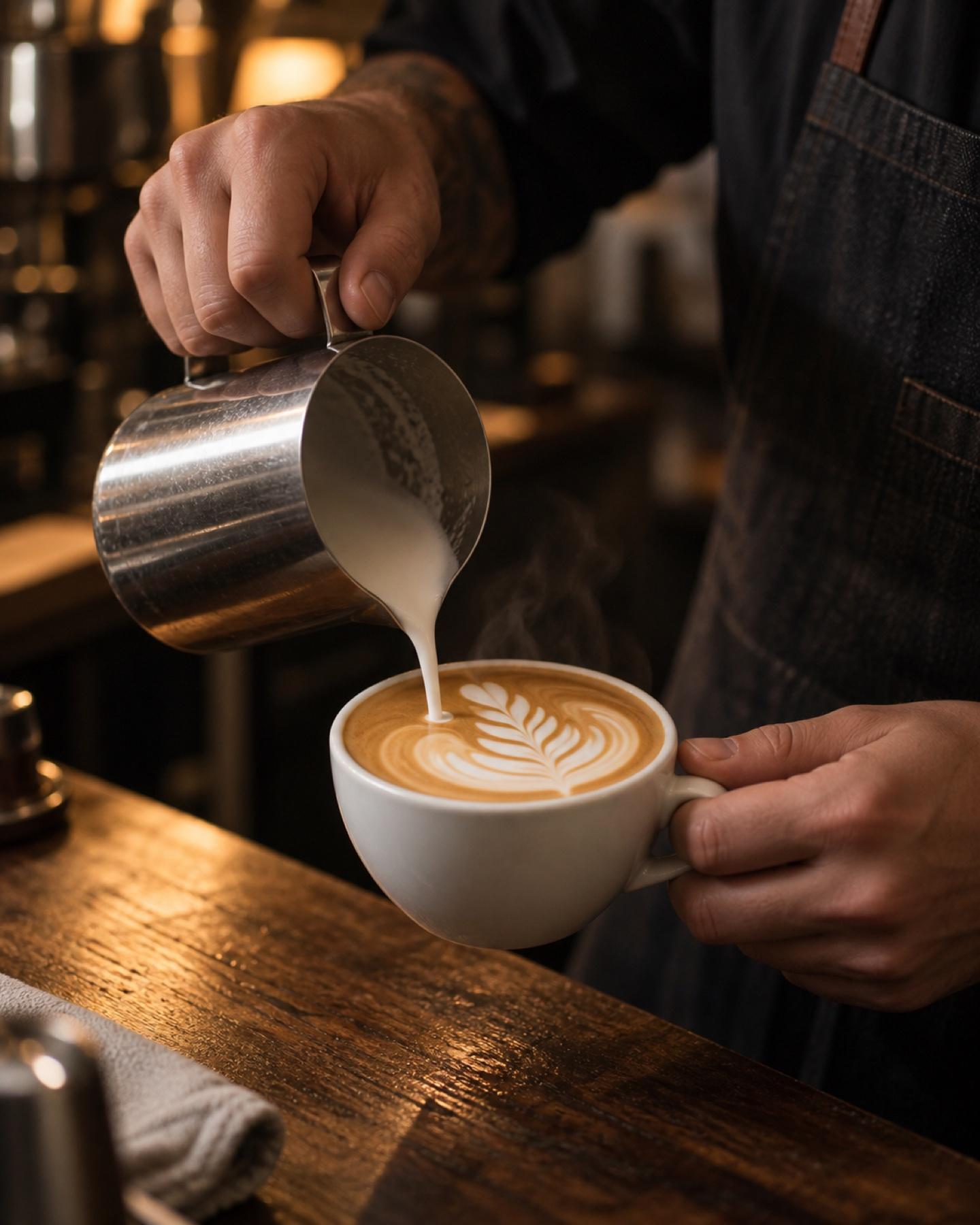 Barista finalizando latte art em uma xícara branca