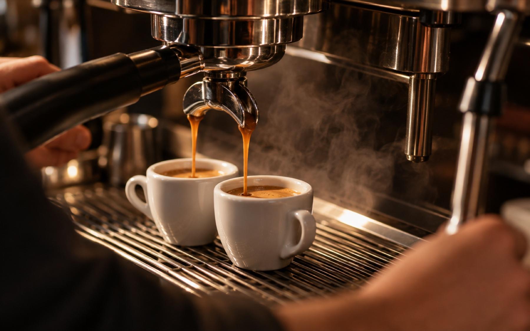 Máquina de café expresso profissional extraindo dois cafés em xícaras brancas