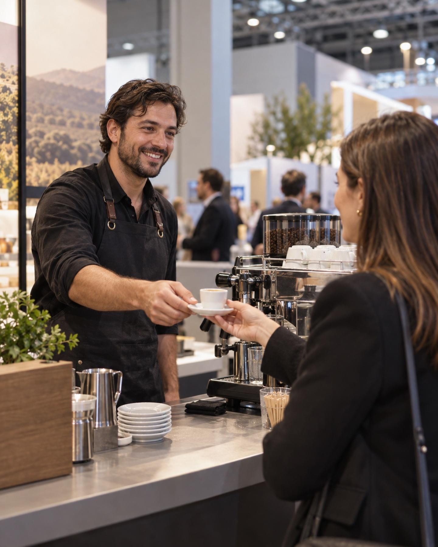 Barista servindo café expresso em um stand de feira