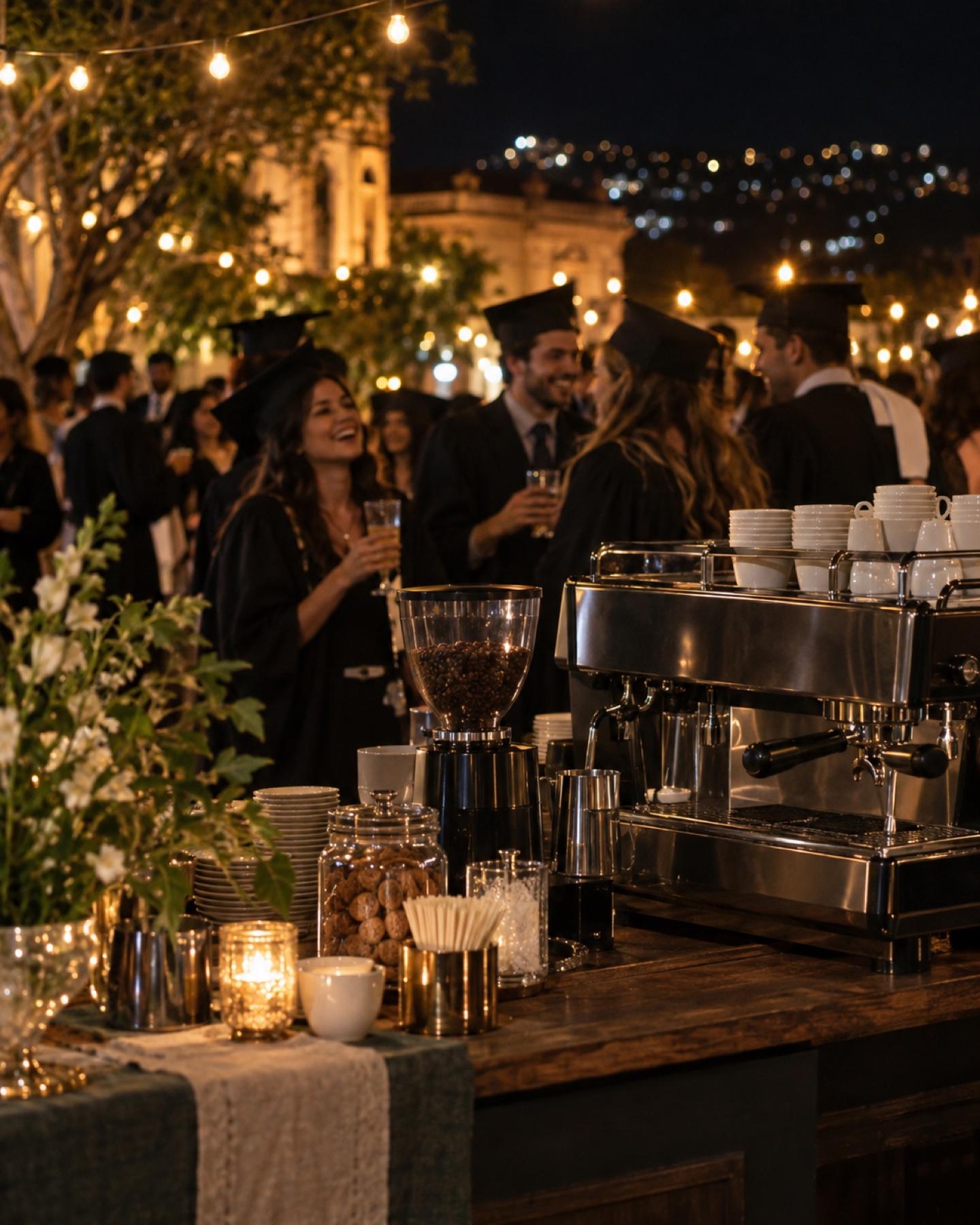 Estação de café em uma formatura à noite, com luzes quentes ao fundo