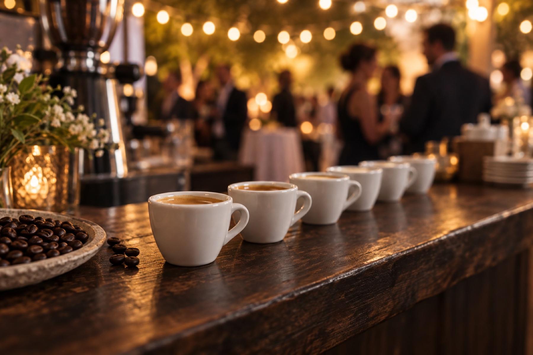 Fileira de xícaras de café expresso sobre o balcão de um evento